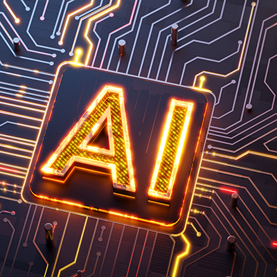 Ai concept. Glowing Ai symbol on the abstract main cpu on circuit board with light trails as data streaming symbol